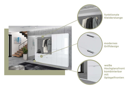 Garderoben-Schrank-Set mit Spiegel- und Glaseinsatz, Details an Griff und Türen