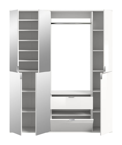 Weißer Garderoben-Schrank mit geöffneten Seitenfächern und Schubkasten