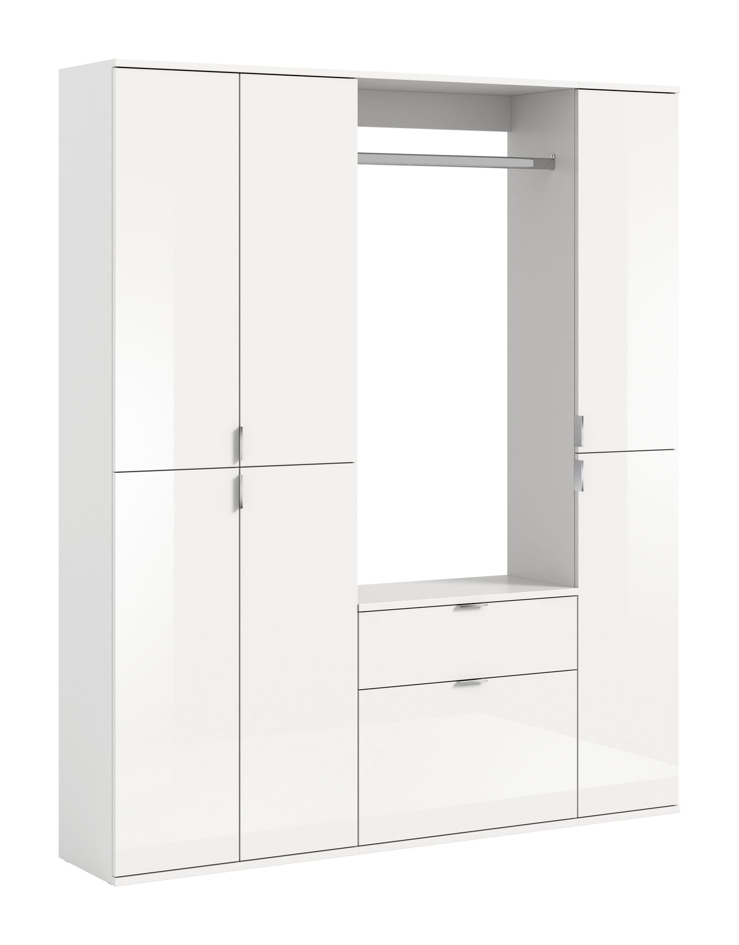 Garderobenschrank-Set weiß, offen mit Kleiderstange, Schubladen und Schrankfächern
