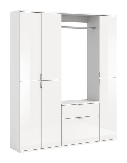 Garderobenschrank-Set weiß, offen mit Kleiderstange, Schubladen und Schrankfächern