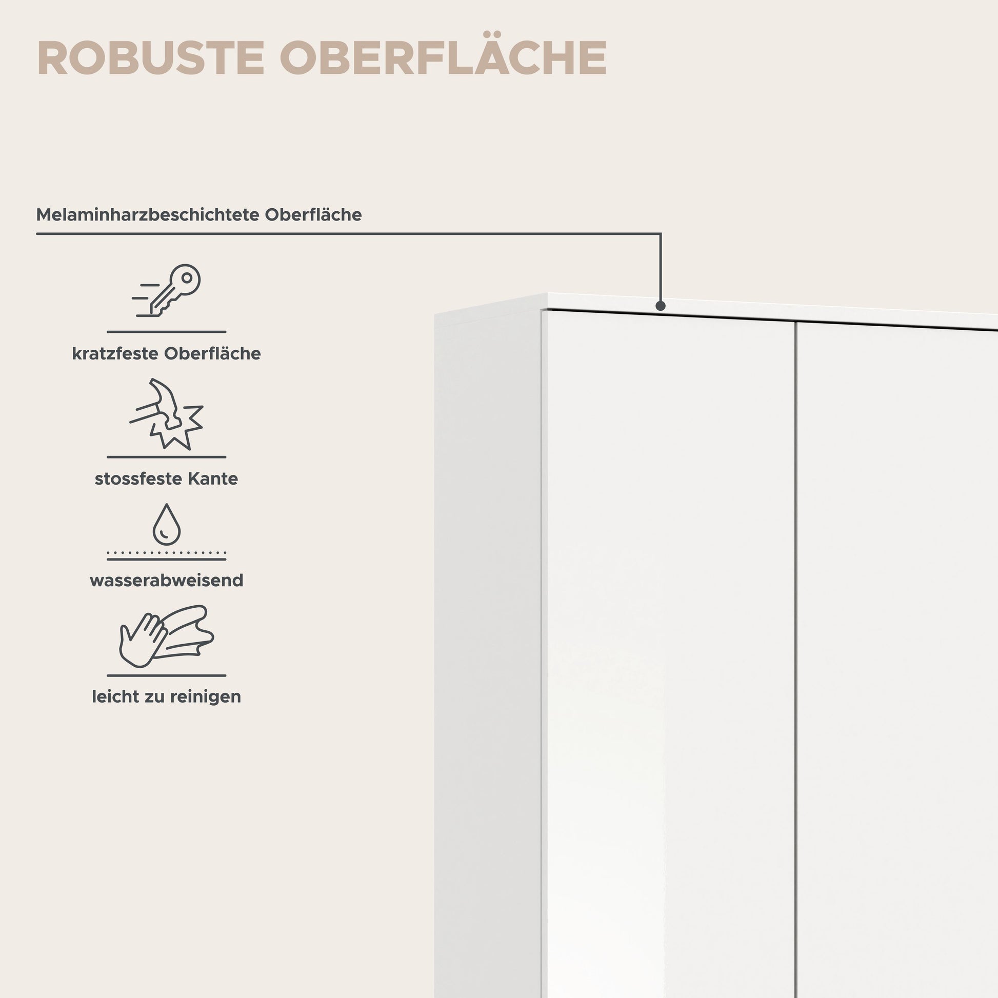 Weißer Garderobenschrank mit glatter, pflegeleichter Oberfläche