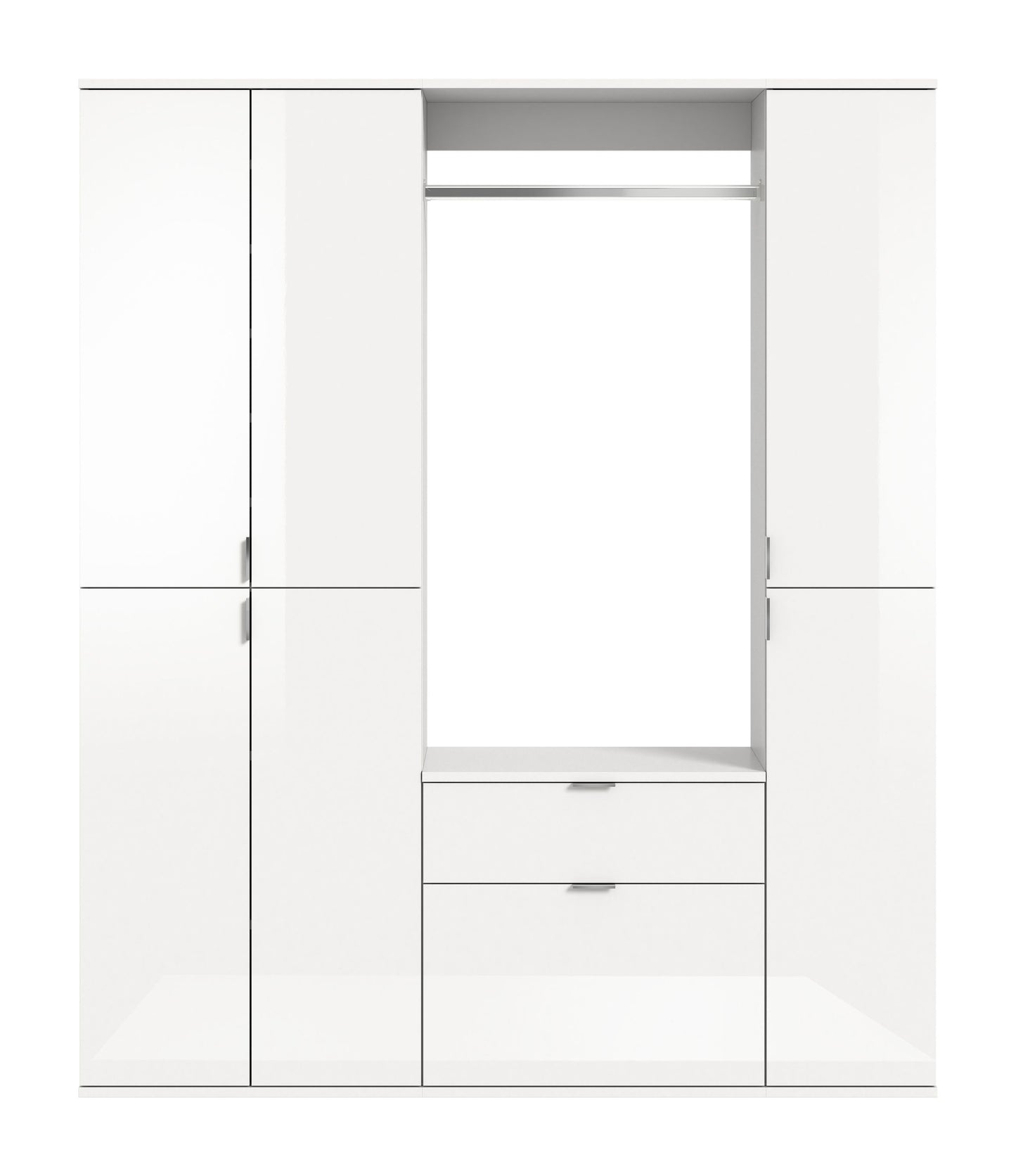 Weißer Garderobenschrank, offen mit Innenfach und zwei Schubfächern, links und rechts Türen