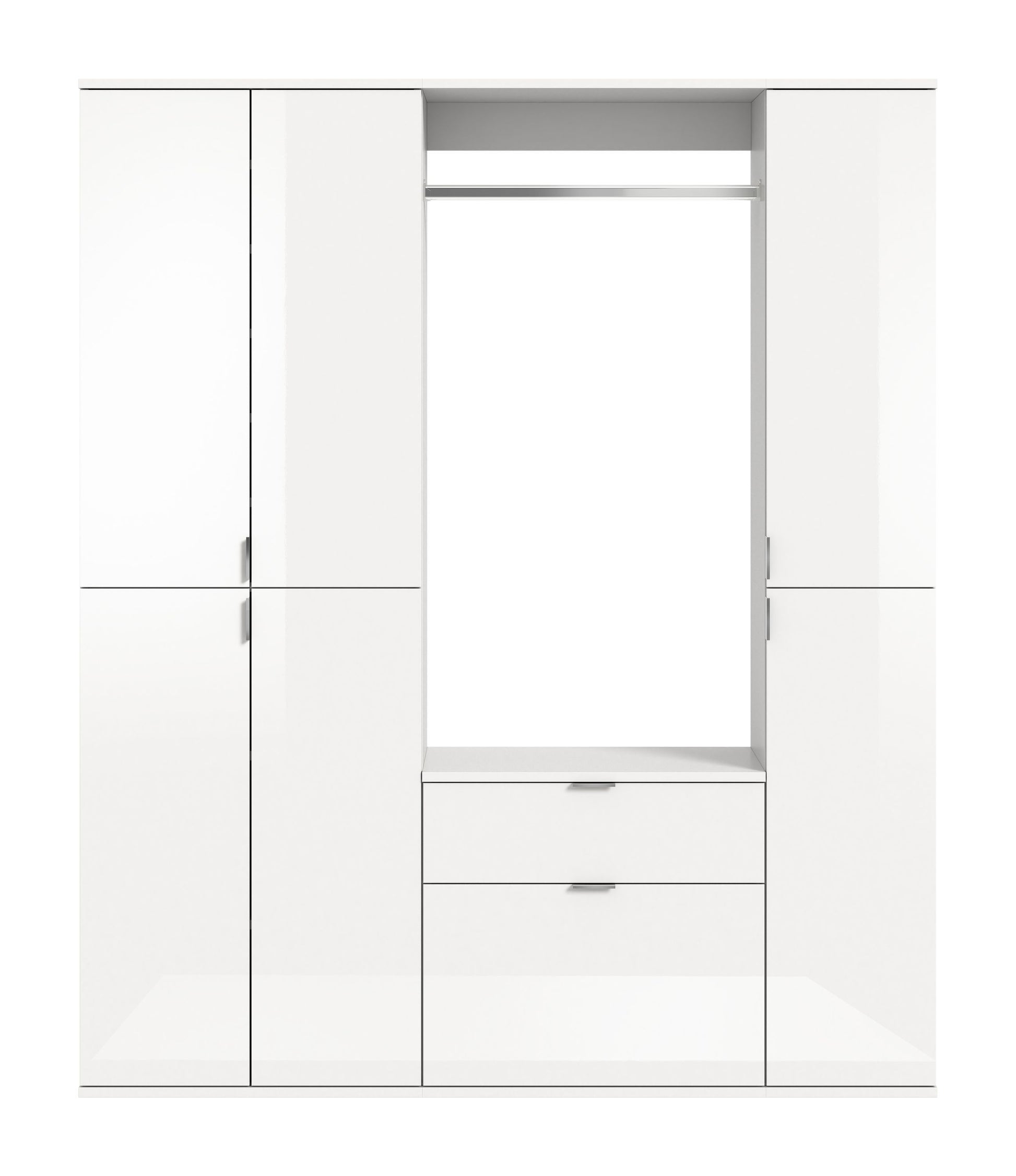 Weißer Garderobenschrank, offen mit Innenfach und zwei Schubfächern, links und rechts Türen