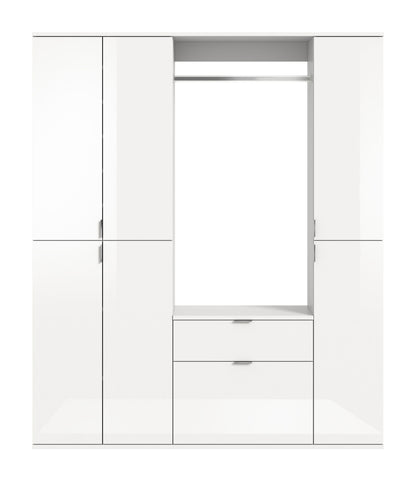 Weißer Garderobenschrank, offen mit Innenfach und zwei Schubfächern, links und rechts Türen
