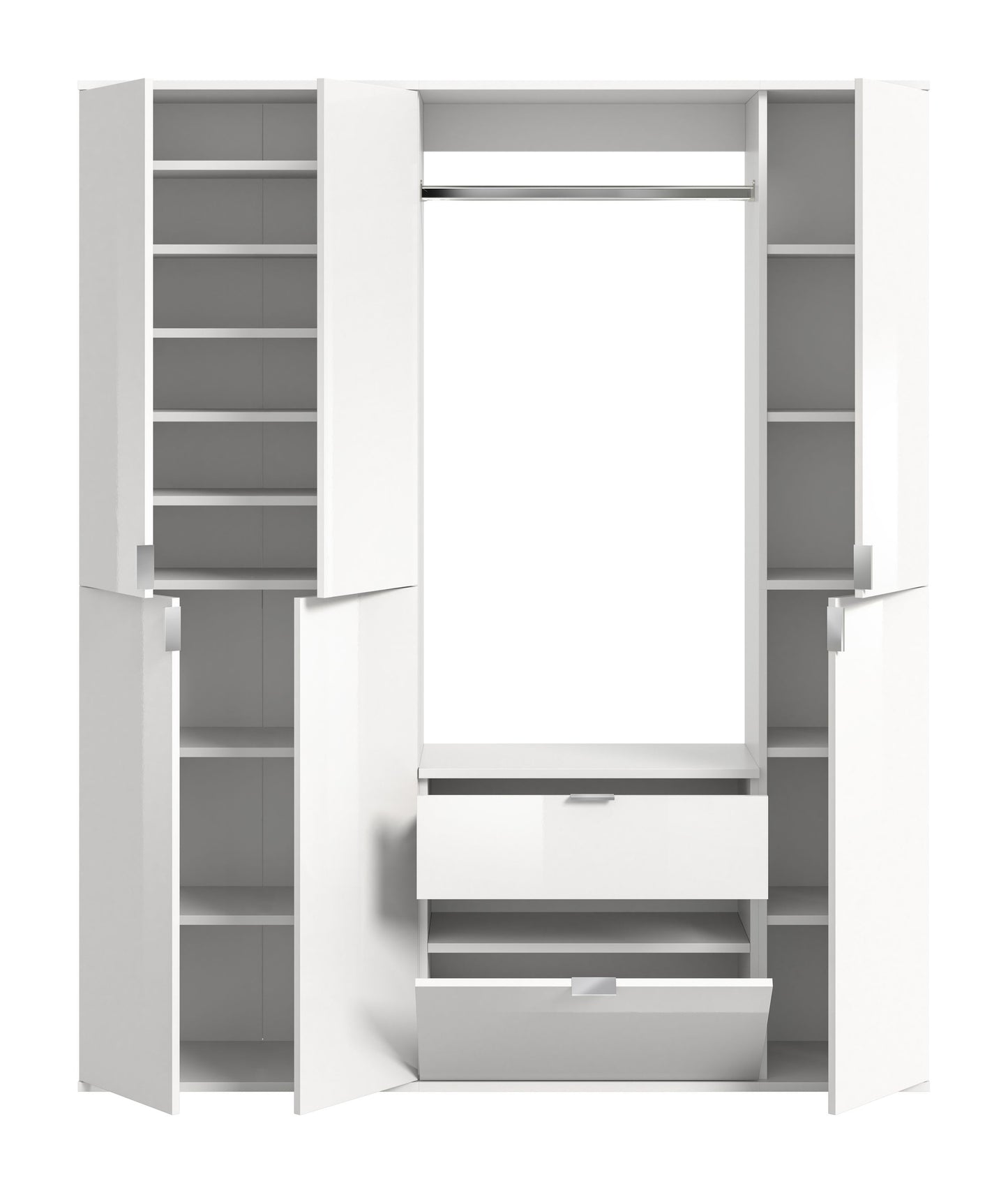 Weißer Garderobenschrank mit Kleiderstange, Seitenfächern und unteren Schubkästen