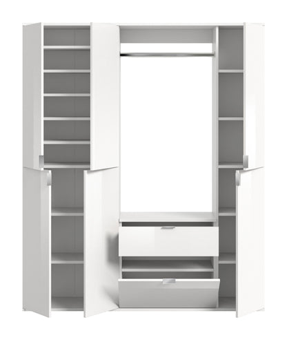 Weißer Garderobenschrank mit Kleiderstange, Seitenfächern und unteren Schubkästen