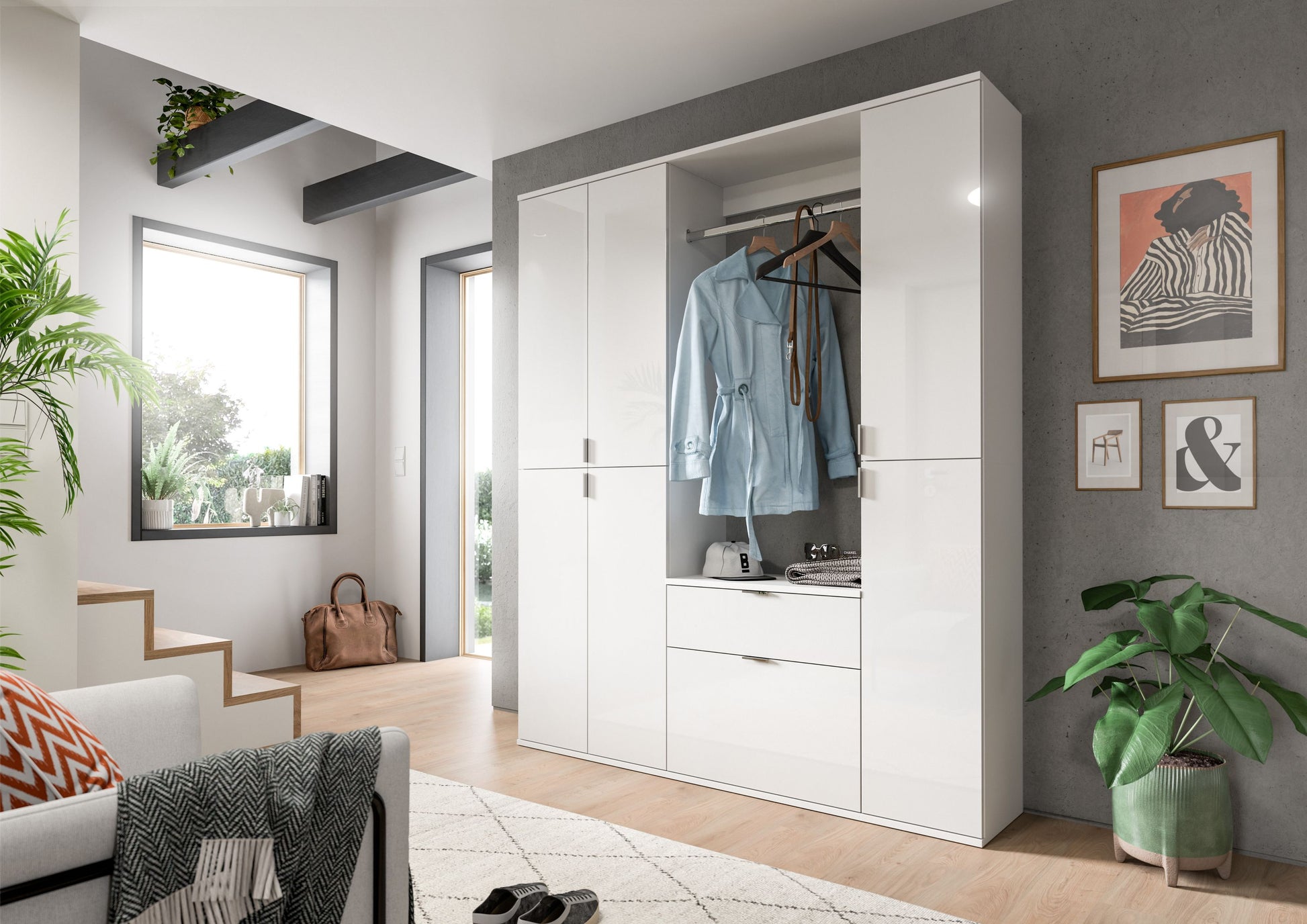 Garderobenschrank-Set weiß, geöffnet mit Kleiderstange und Regalen hinter Türen