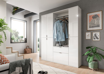 Garderobenschrank-Set weiß, geöffnet mit Kleiderstange und Regalen hinter Türen