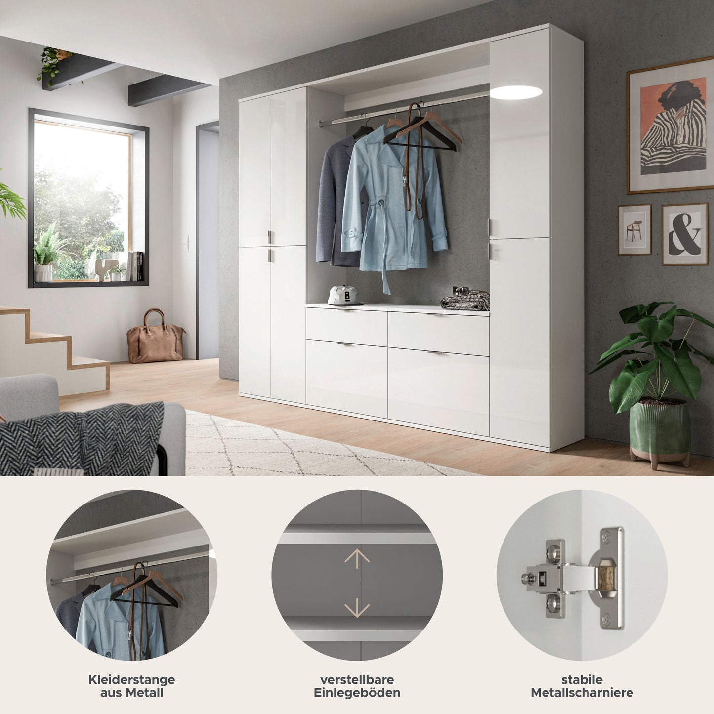 Garderoben-Schrank-Set in Weiß mit Kleiderstange, Schubladen und Fachbereich für Kleidung
