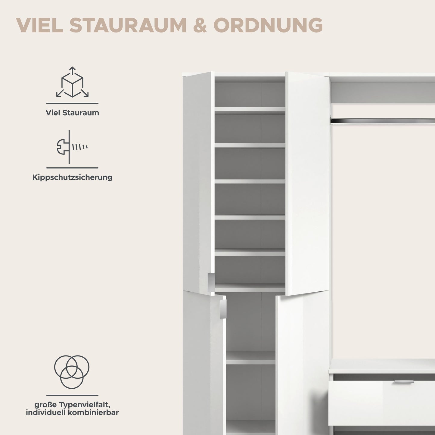 Info-Grafik zu Stauraum & Ordnung: viele Fächer, Kippsicherung, große Tiefen