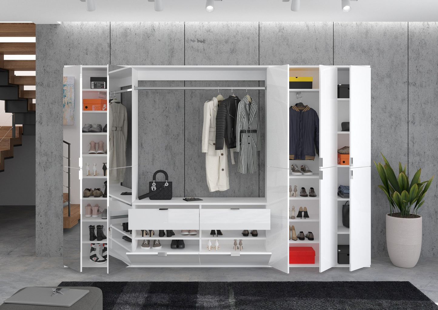 Garderobenschrank mit Kleiderstange, offenen Fächern und Schuhfächern, weiß