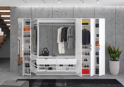 Garderobenschrank mit Kleiderstange, offenen Fächern und Schuhfächern, weiß