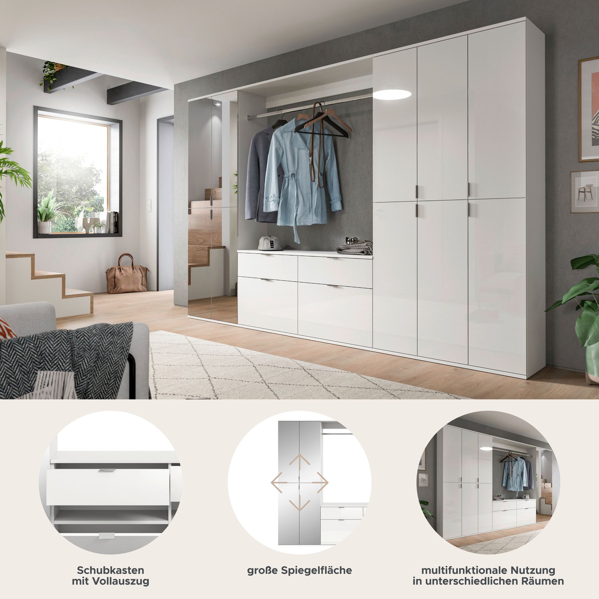 Garderobenschrank mit Kleiderstange und Schubfächern, weiß, geöffnet