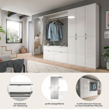 Garderobenschrank mit Kleiderstange und Schubfächern, weiß, geöffnet