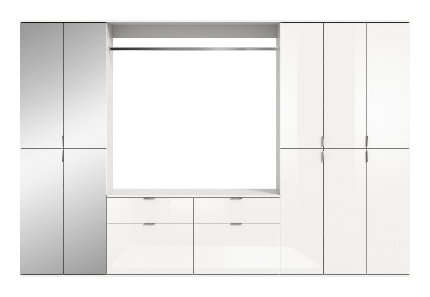 Garderobenschrank mit offenen Innenfächern und Schubkästen, weiß, Frontansicht