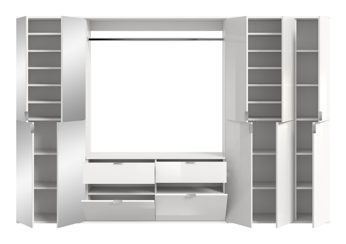 Garderobenschrank mit 4 Türen, Kleiderstange und Schubkästen, weiß, geöffnet