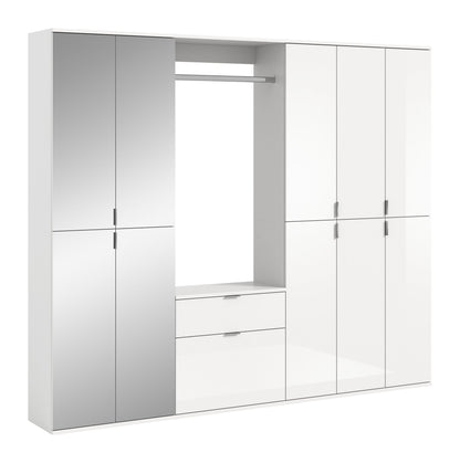 Garderobenschrank in Weiß mit Kleiderstange, Schubfächern und mehreren Fronttüren