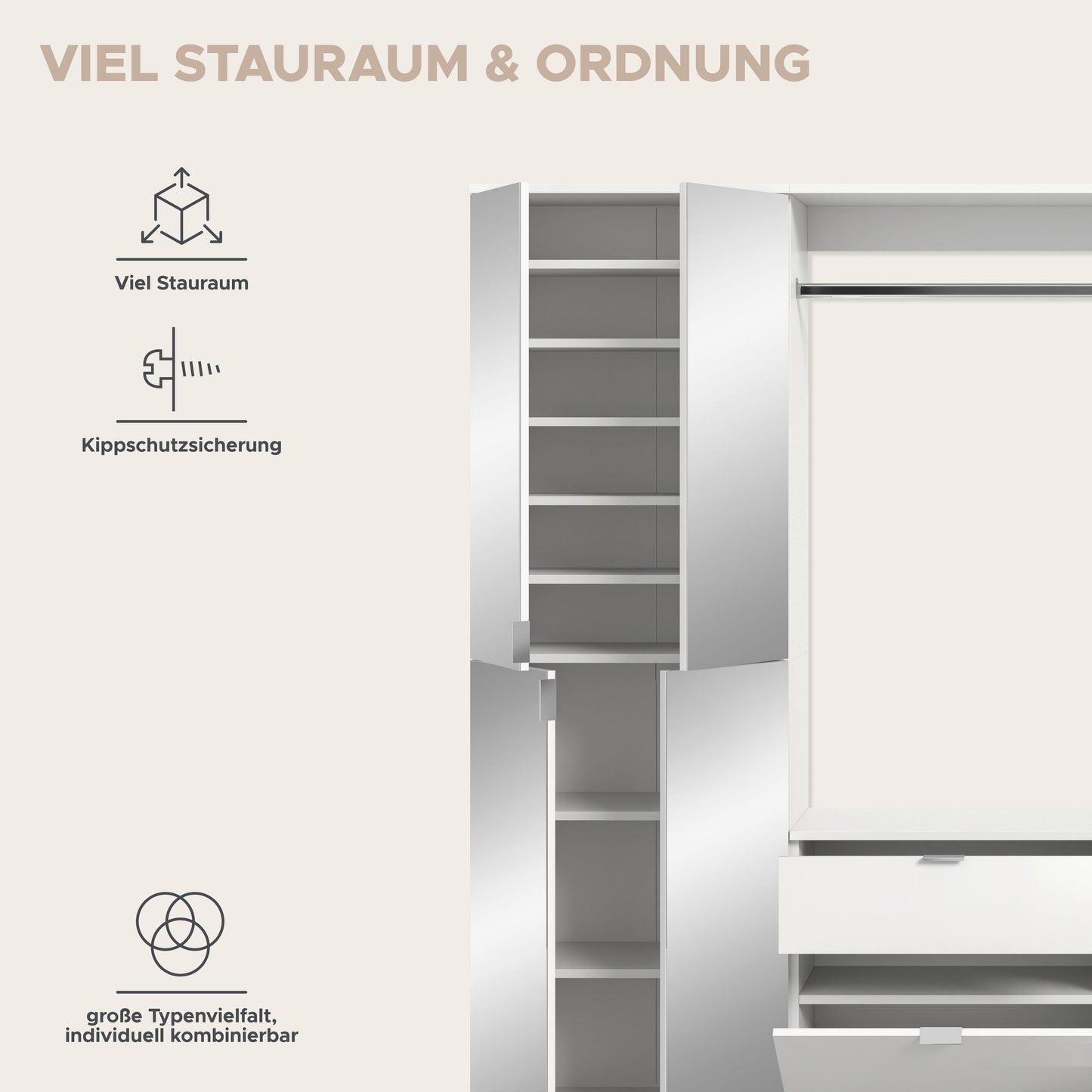 Offener Garderobenschrank mit Regalfächern und Klapp-/Sicherheitsmechanismus