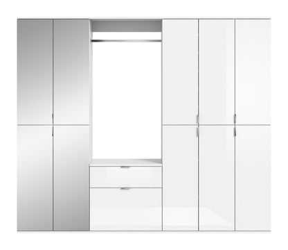 Garderobenschrank mit Kleiderstange, zwei Schubfächern und mehreren Fronttüren in Weiß und Grau