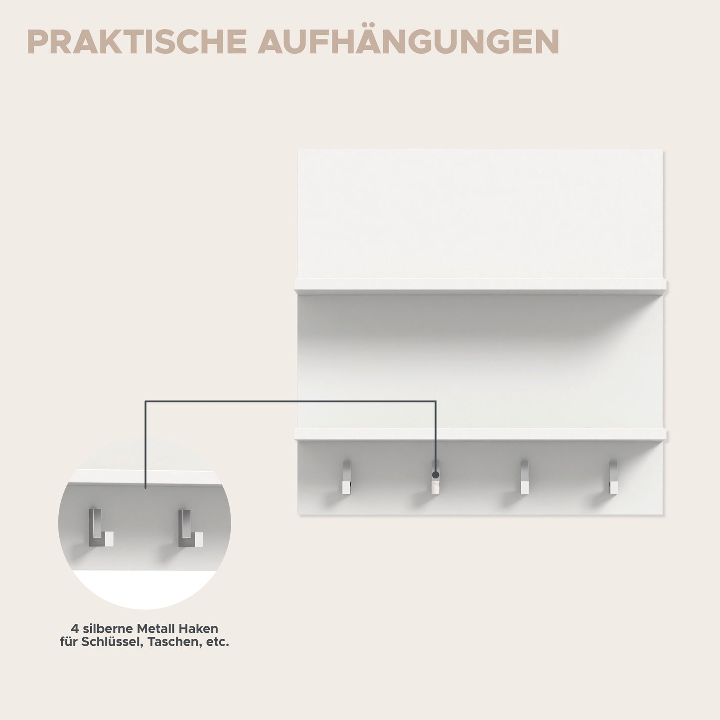 Wandgarderobe: weißes Oberteil mit Hakenleiste, offene Ablagefächer und Schrankfach