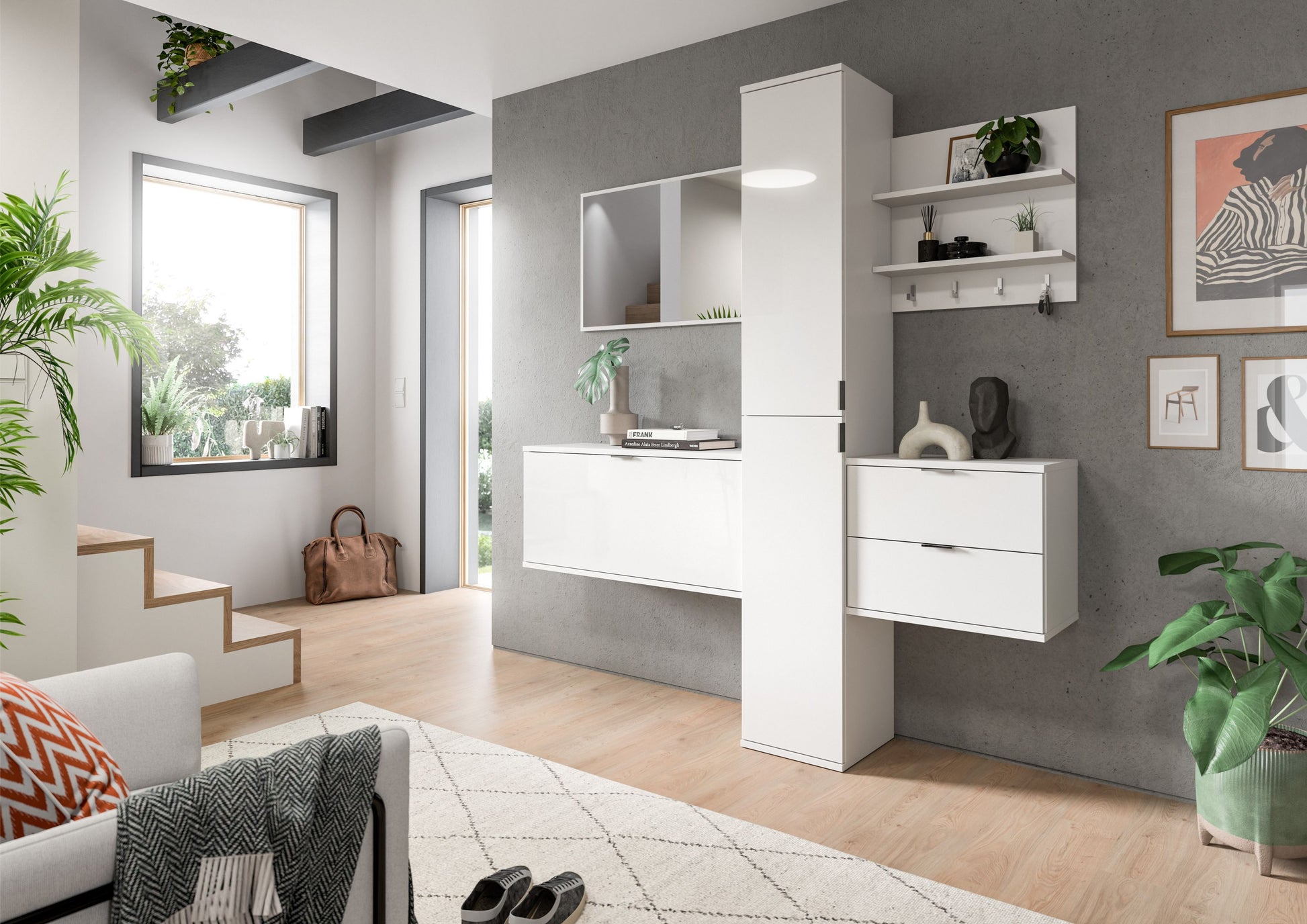 Garderobenset mit weißem Hochglanz-Schrank und Spiegel, mit Schubfächern und Hakenleiste