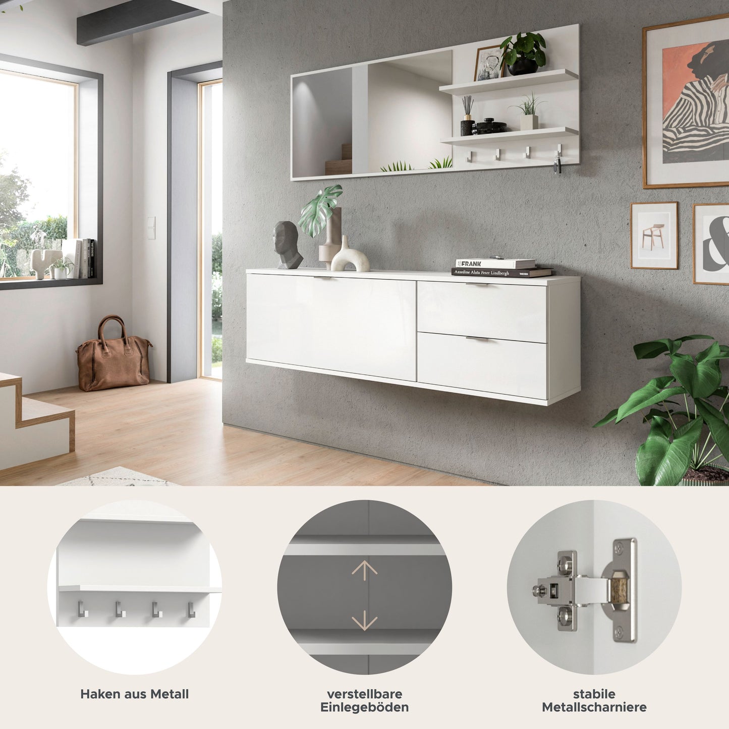 Homes & Jones Garderobenset 4-tlg, weiß Hochglanz, Flurmöbel mit Spiegel