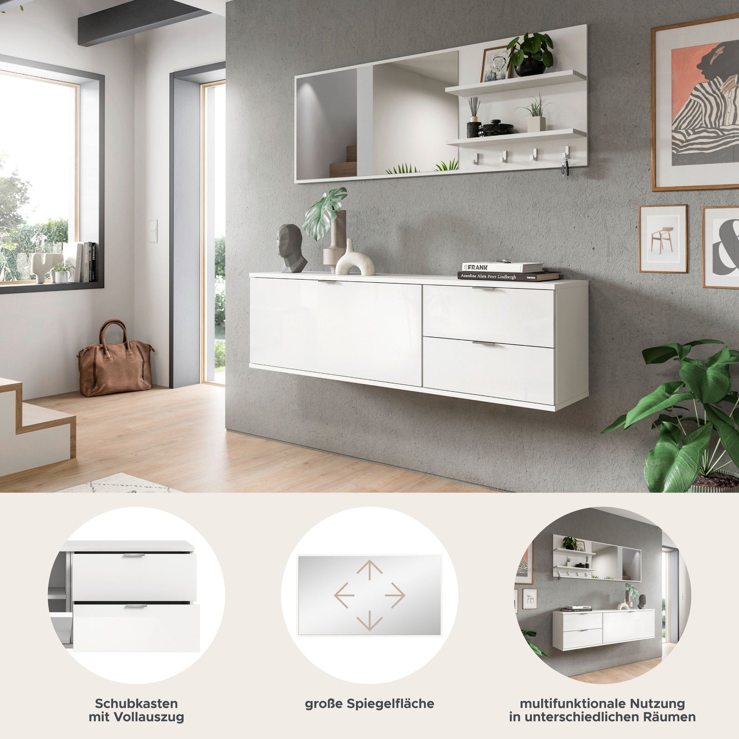 Homes & Jones Garderobenset 4-tlg, weiß Hochglanz, Flurmöbel mit Spiegel