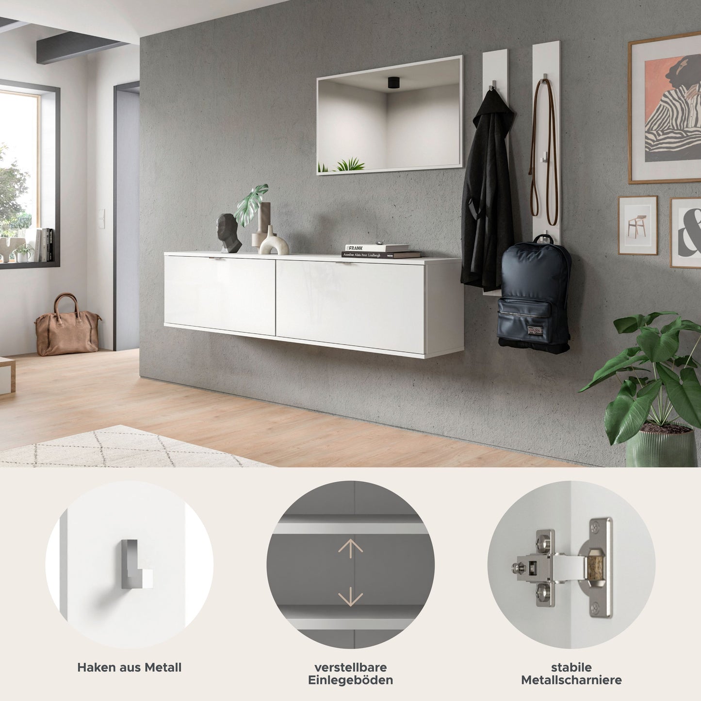 Homes & Jones Garderobenset 5-tlg, weiß Hochglanz, Flurmöbel mit Spiegel