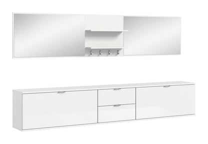 Weißes Hochglanz-Garderobenset, flaches Sideboard mit offenen Ablagen und Hakenleiste.