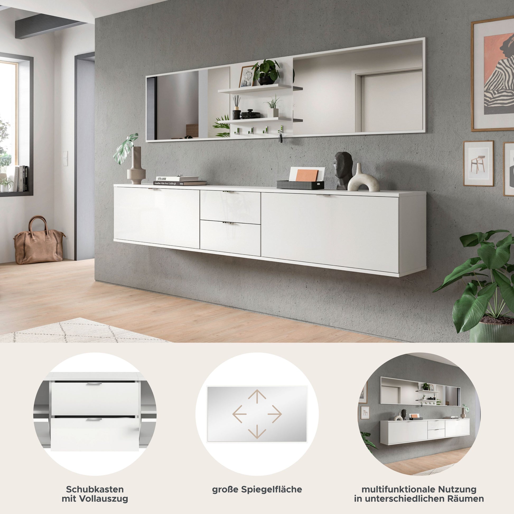 Flur-Garderobenset mit weißem Sideboard: Schubkästen, große Spiegelwand und vielseitige Nutzung.