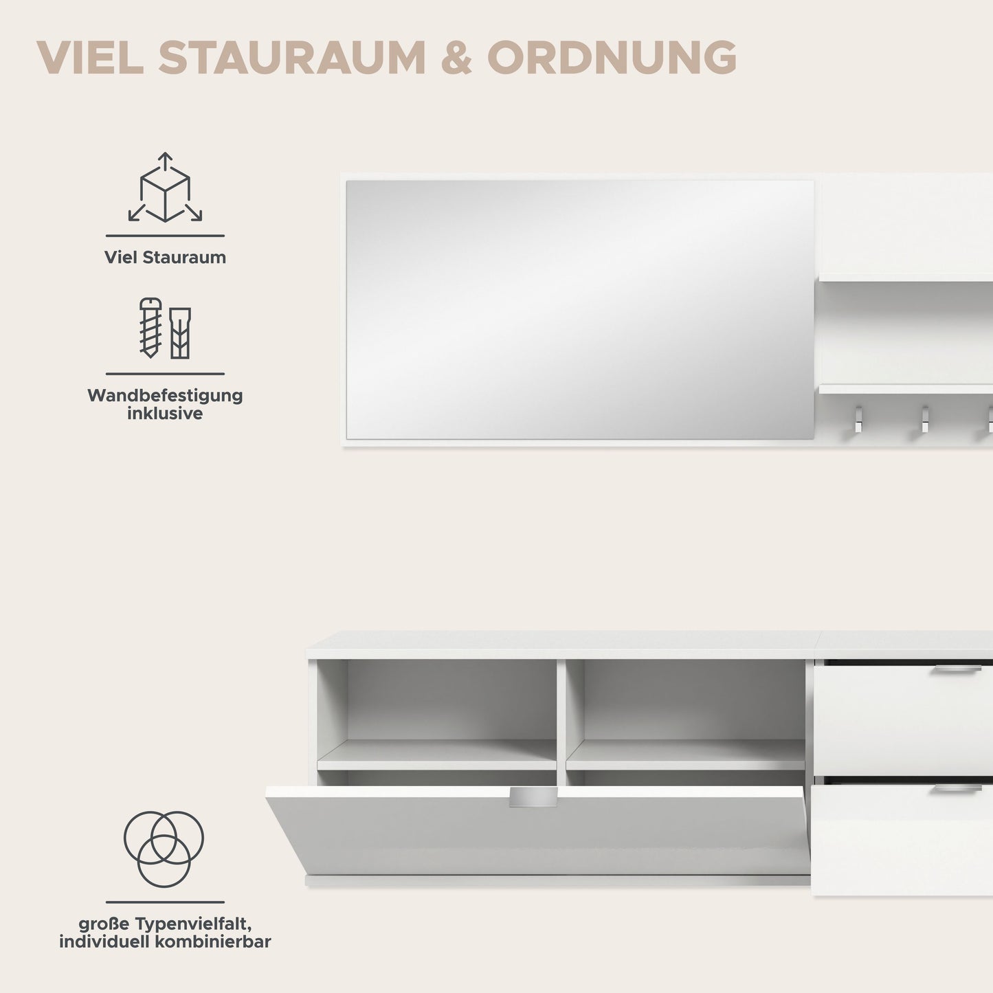 Garderobenelement mit viel Stauraum: offene Fächer und Schubfächer im weißen Design.