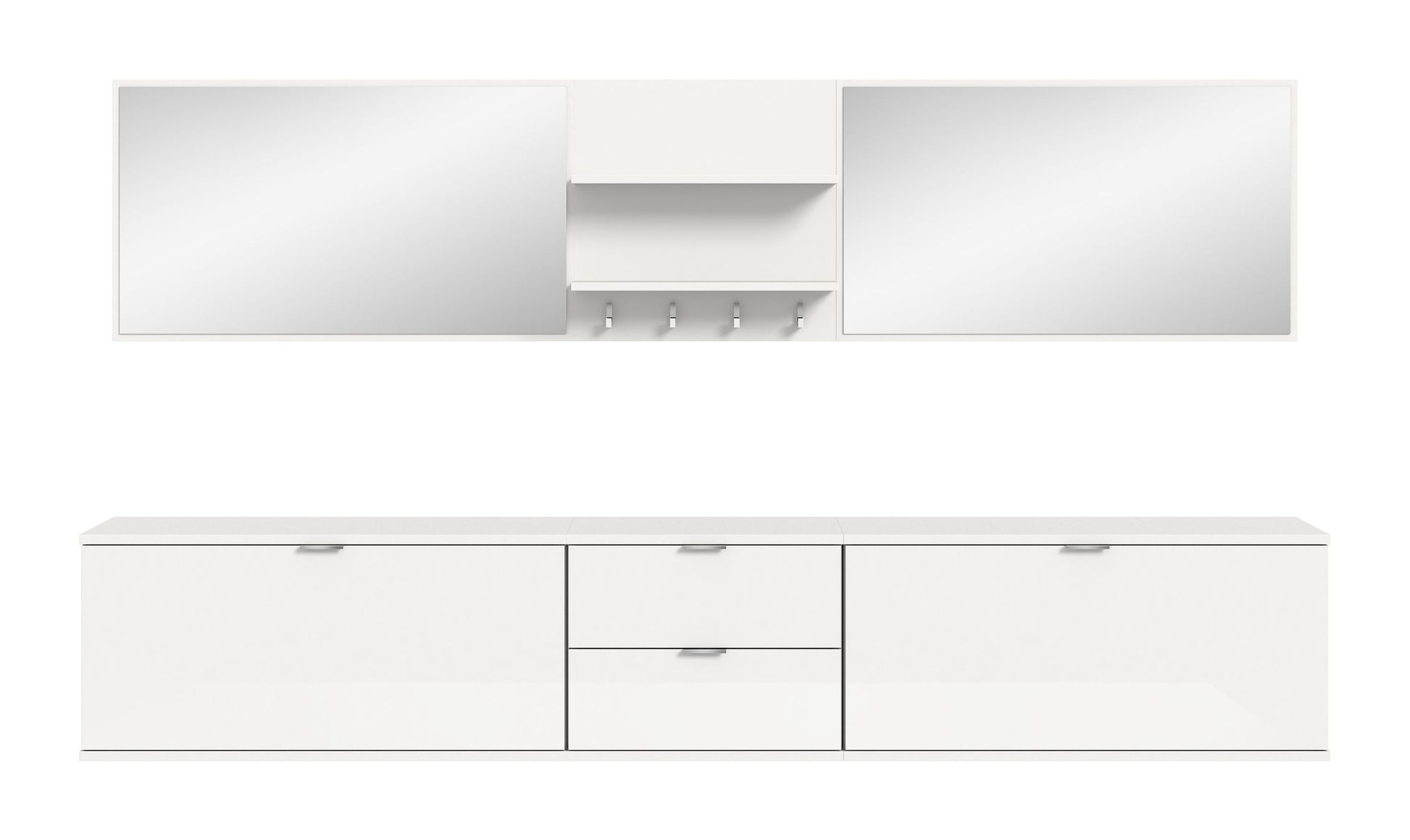 Weißes Sideboard mit drei Schubkästen und zwei Türen unter dem Spiegelaufsatz.