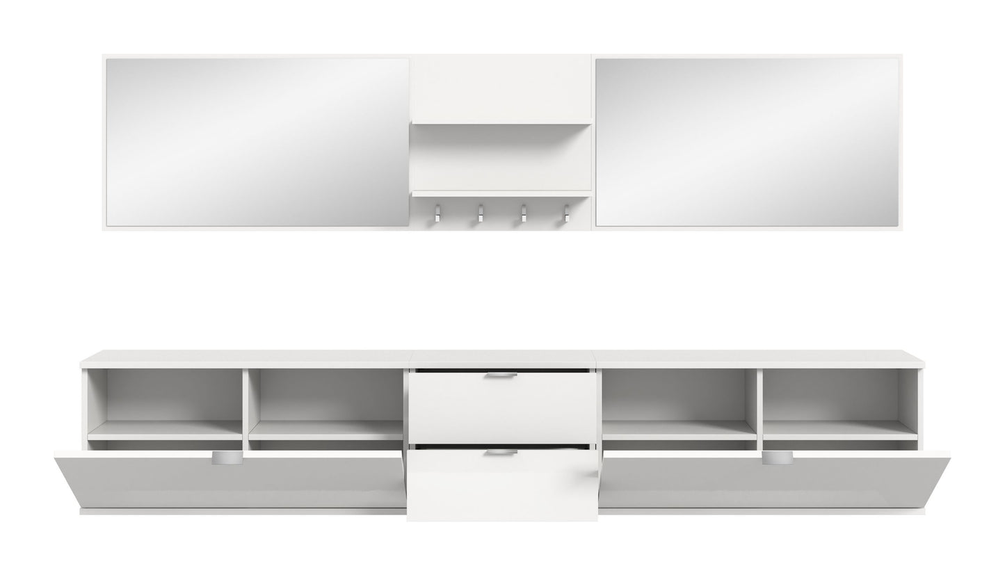 Weißes Hochglanz-Sideboard mit Spiegelaufsatz und Mittel-Schubkasten sowie offenen Fächern.