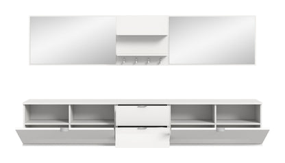 Weißes Hochglanz-Sideboard mit Spiegelaufsatz und Mittel-Schubkasten sowie offenen Fächern.