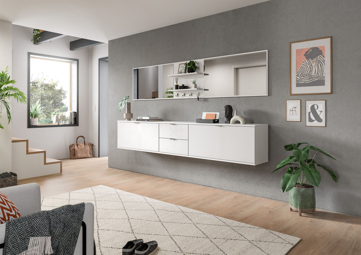 Garderobenset mit Spiegel: weißes Hochglanz-Sideboard mit Schubkästen und Türen fürs Flur.