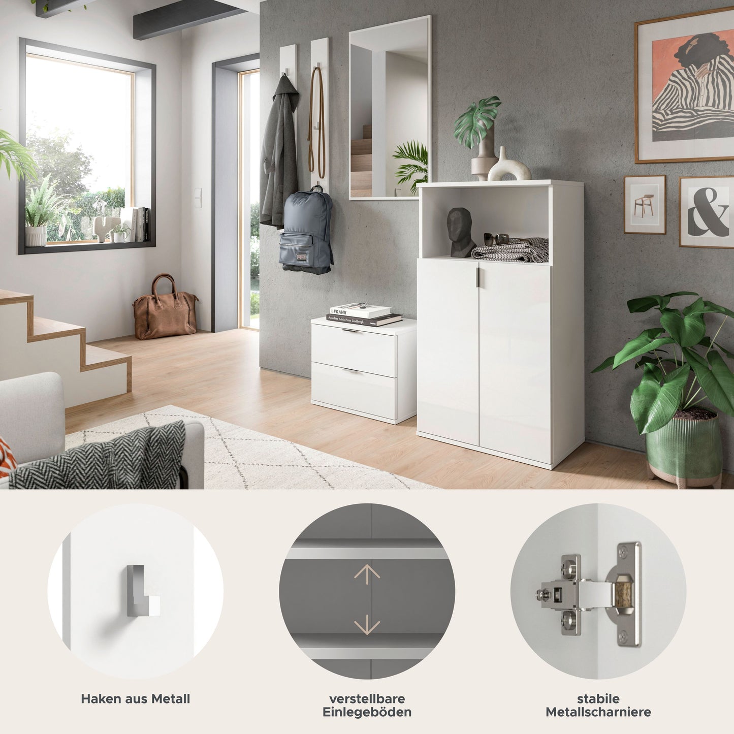 Homes & Jones Garderobenset 5-tlg, weiß Hochglanz, Flurmöbel mit Spiegel