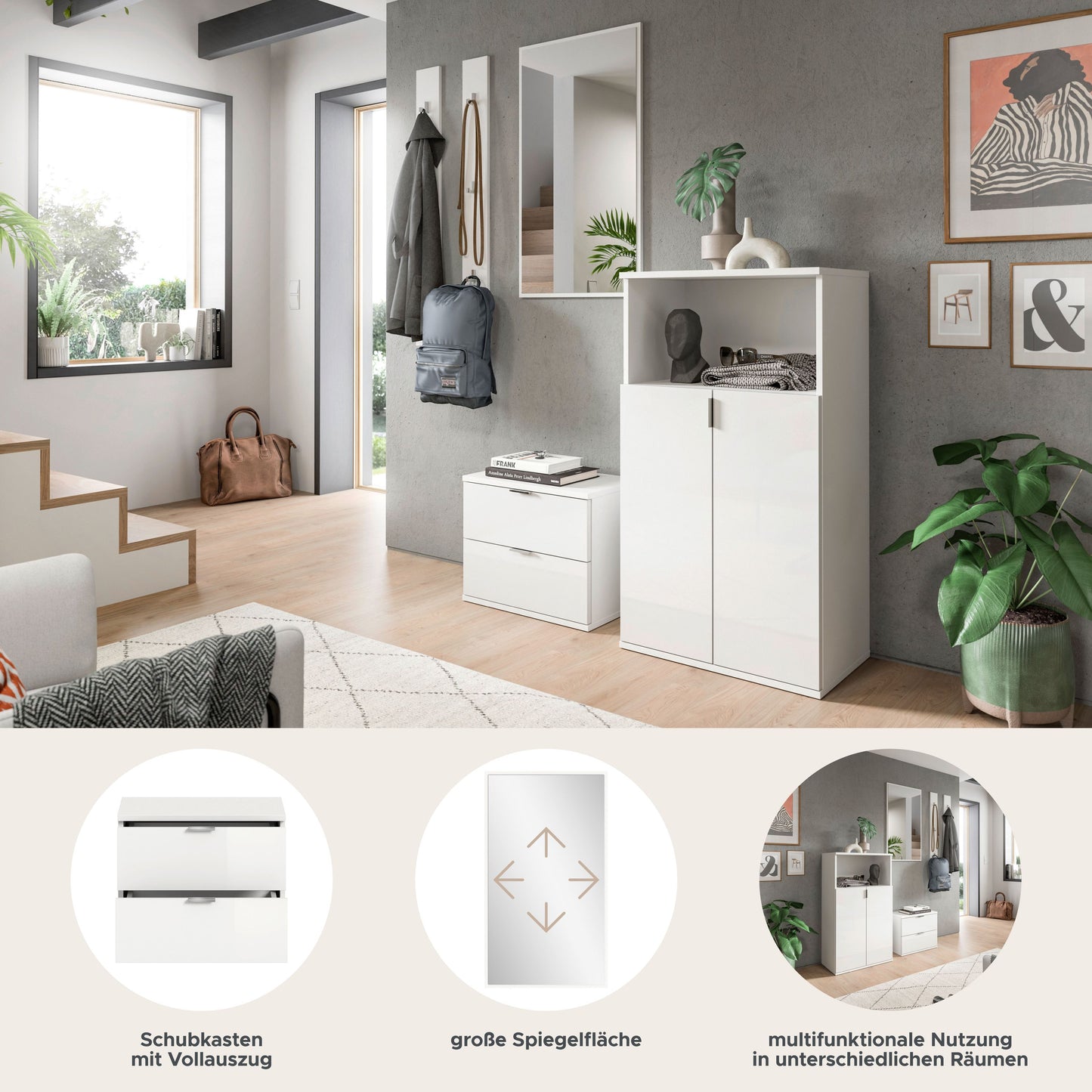 Homes & Jones Garderobenset 5-tlg, weiß Hochglanz, Flurmöbel mit Spiegel