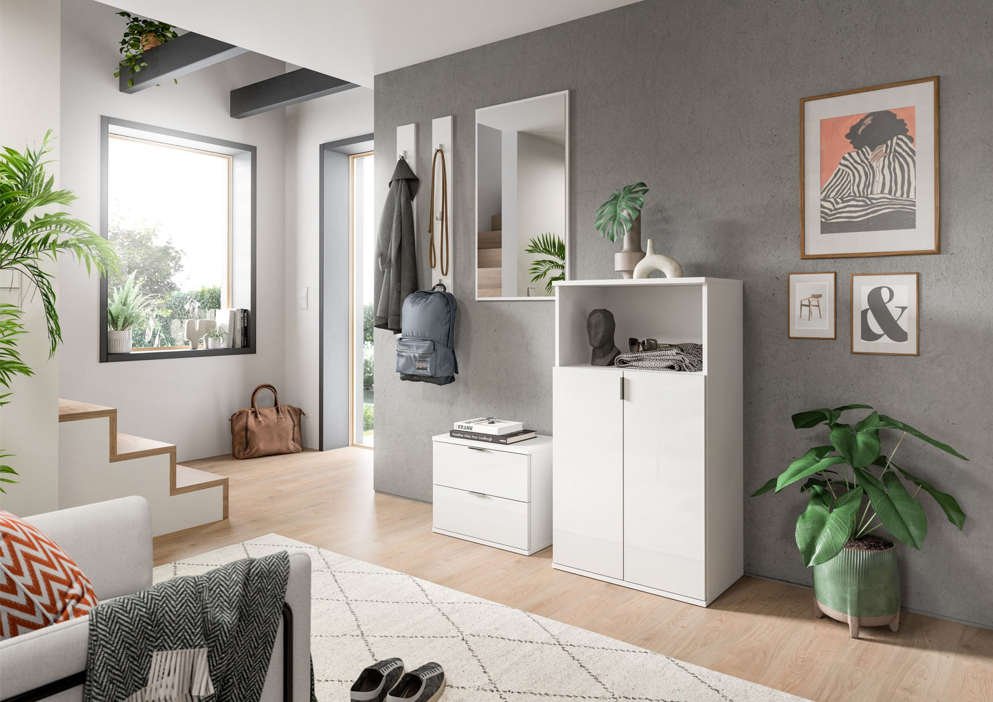Homes & Jones Garderobenset 5-tlg, weiß Hochglanz, Flurmöbel mit Spiegel