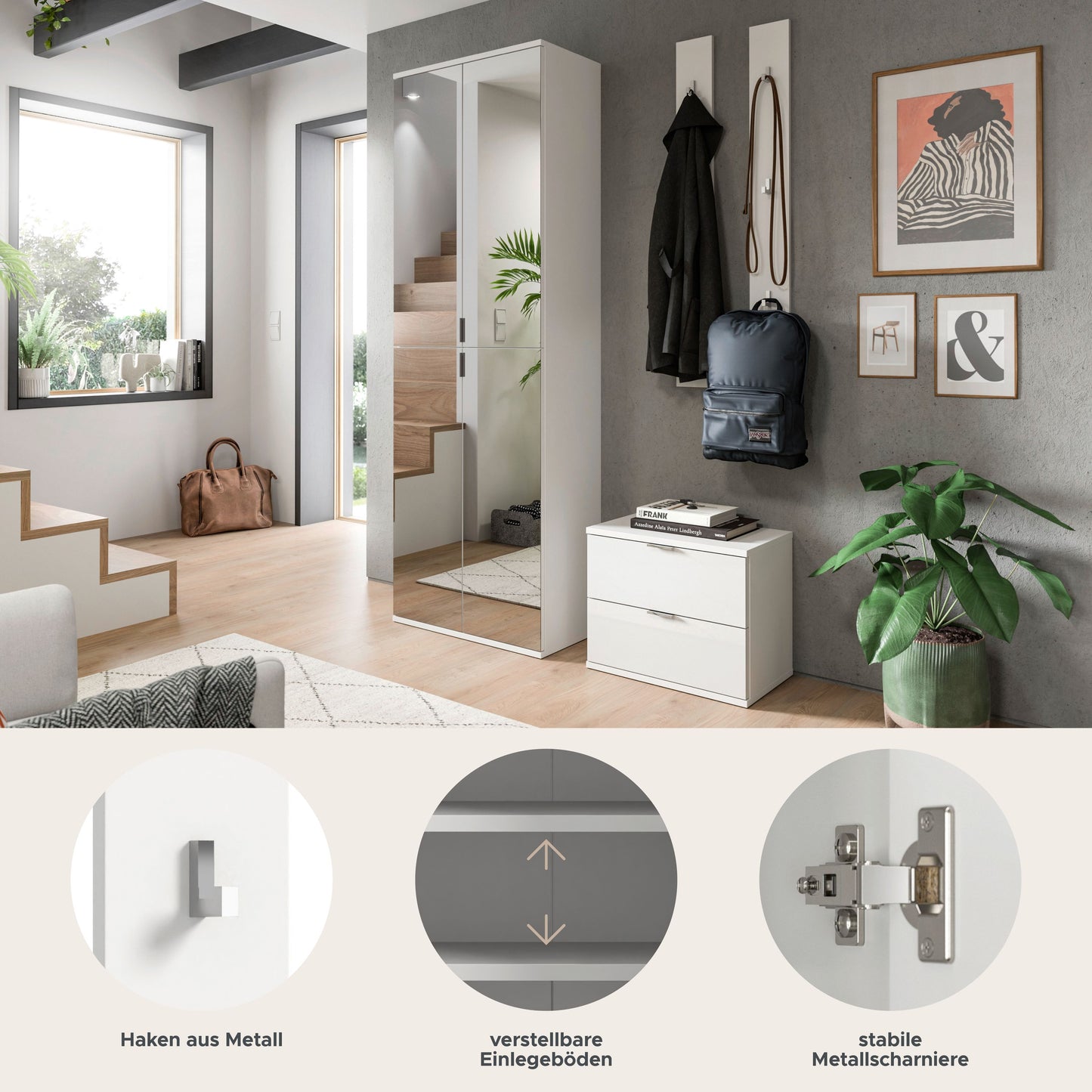 Homes & Jones Garderobenset 3-tlg, weiß Hochglanz, Flurmöbel mit Spiegelschrank