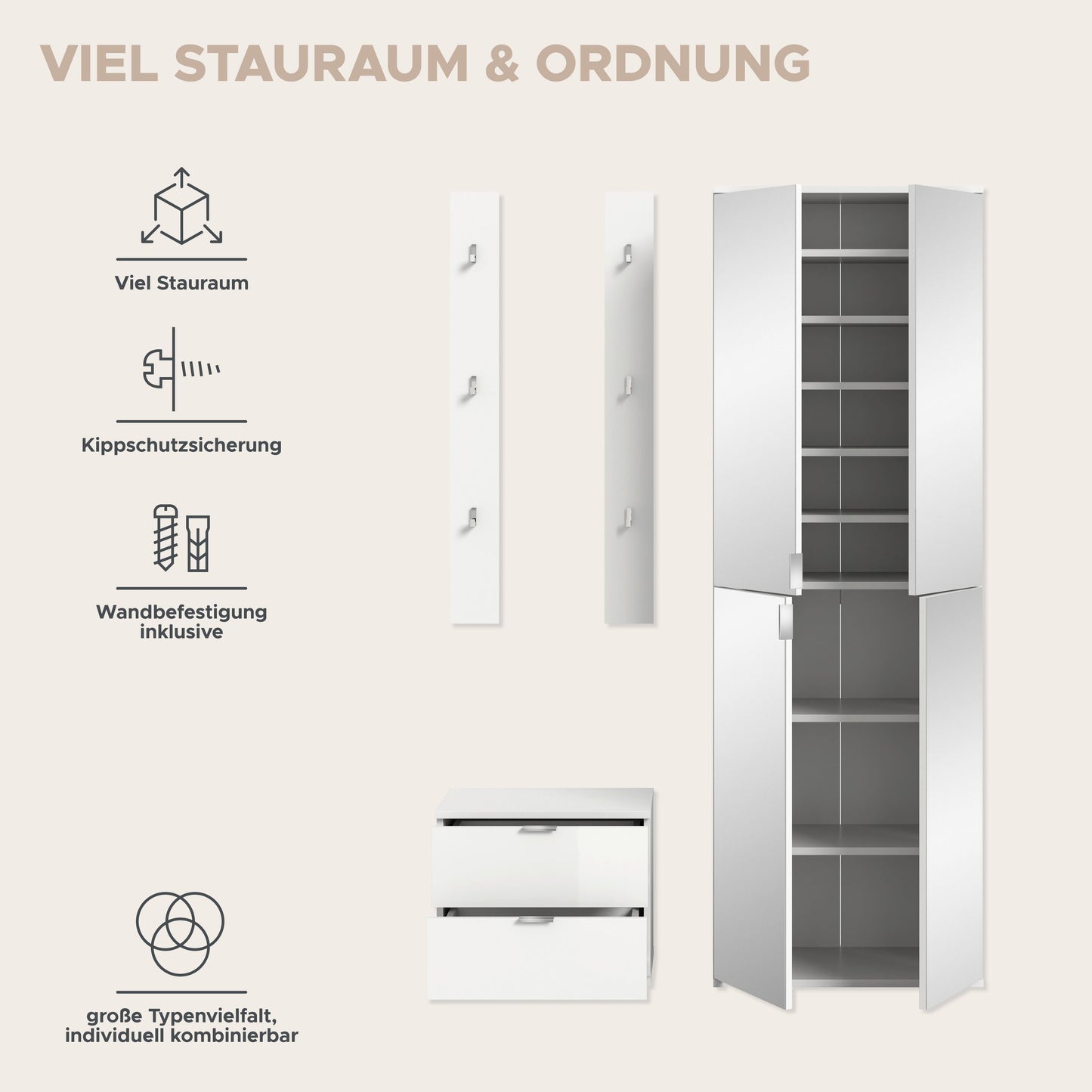 Homes & Jones Garderobenset 3-tlg, weiß Hochglanz, Flurmöbel mit Spiegelschrank
