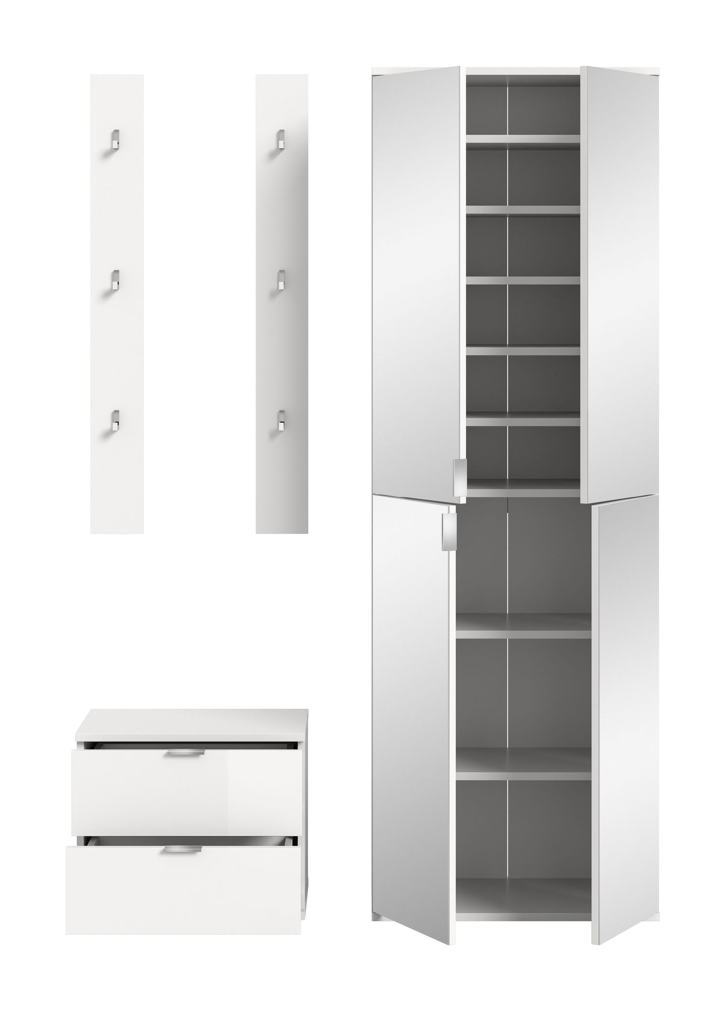 Homes & Jones Garderobenset 3-tlg, weiß Hochglanz, Flurmöbel mit Spiegelschrank