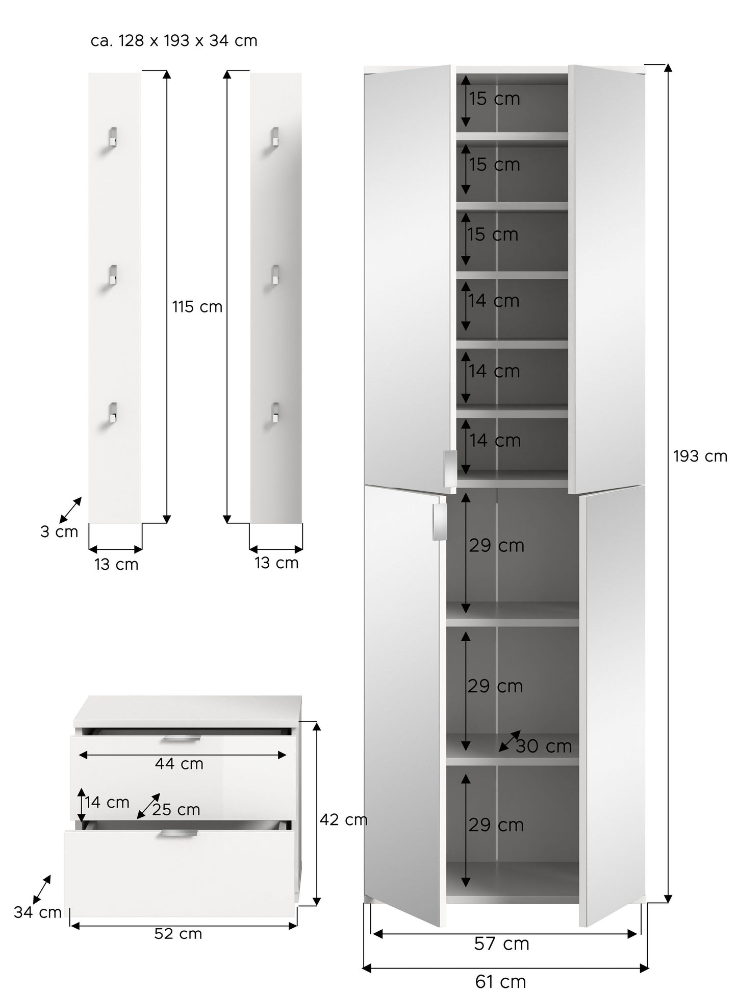 Homes & Jones Garderobenset 3-tlg, weiß Hochglanz, Flurmöbel mit Spiegelschrank