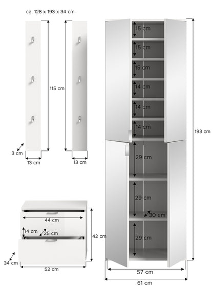 Homes & Jones Garderobenset 3-tlg, weiß Hochglanz, Flurmöbel mit Spiegelschrank