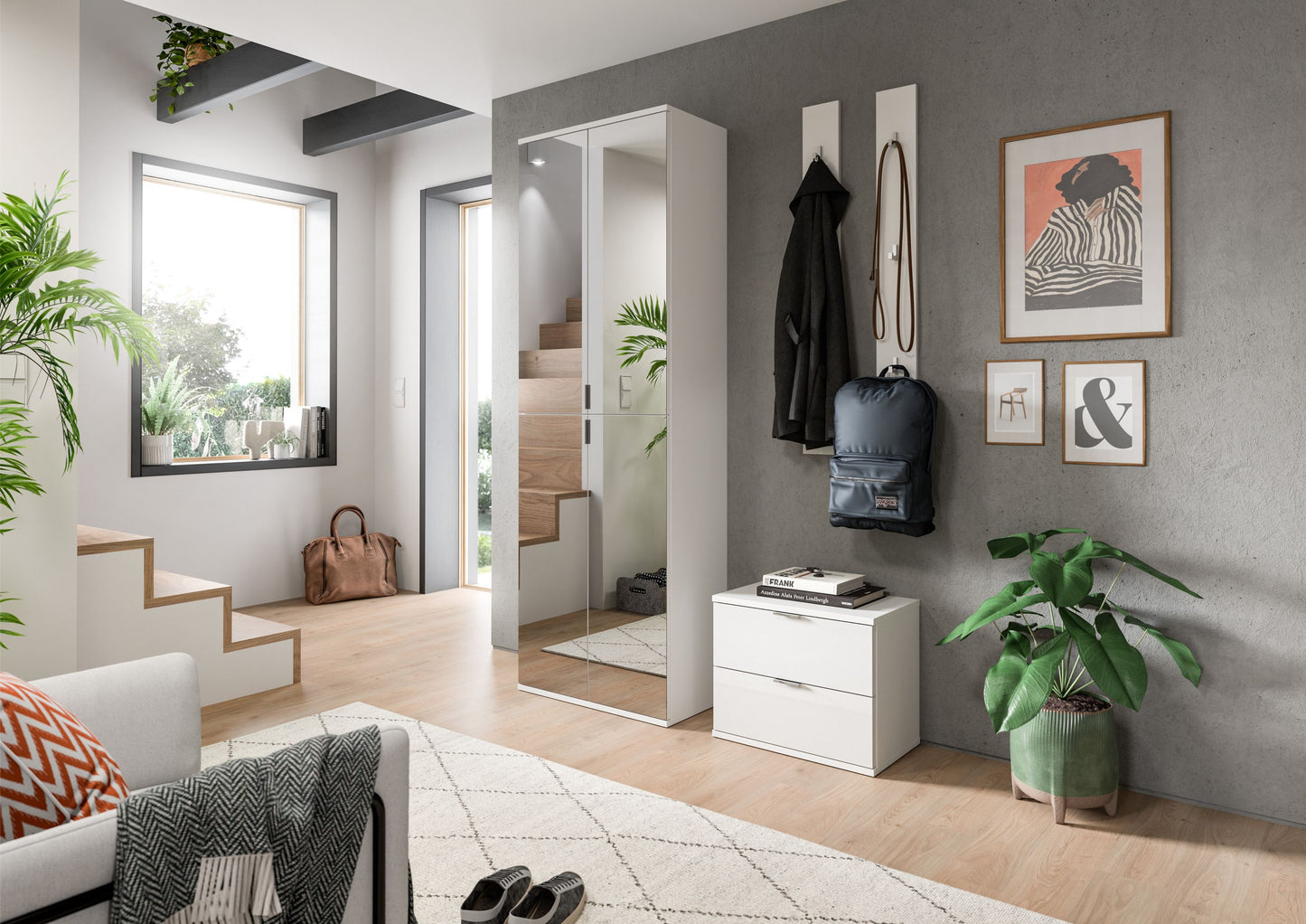 Homes & Jones Garderobenset 3-tlg, weiß Hochglanz, Flurmöbel mit Spiegelschrank