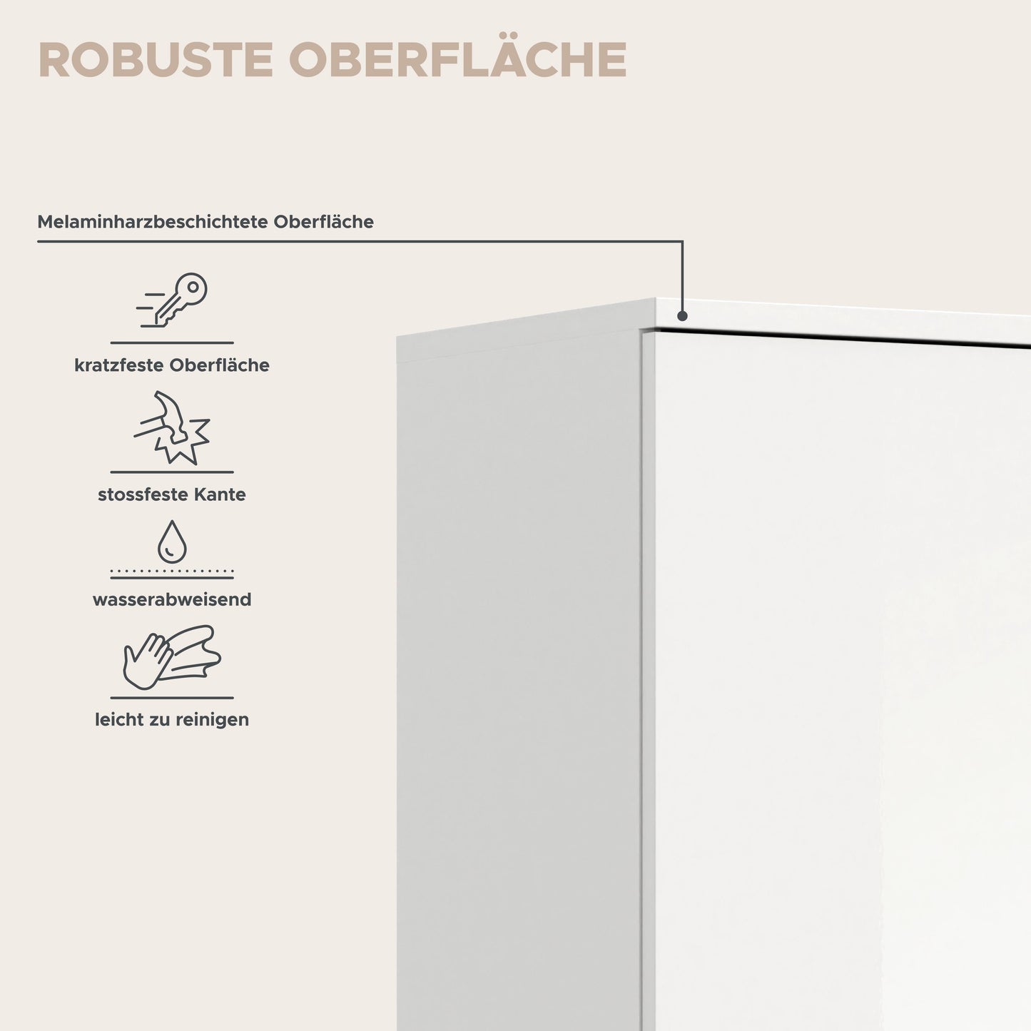 Robuste Schrankoberfläche: melaminbeschichtet, kratzfest, wasserabweisend, leicht zu reinigen