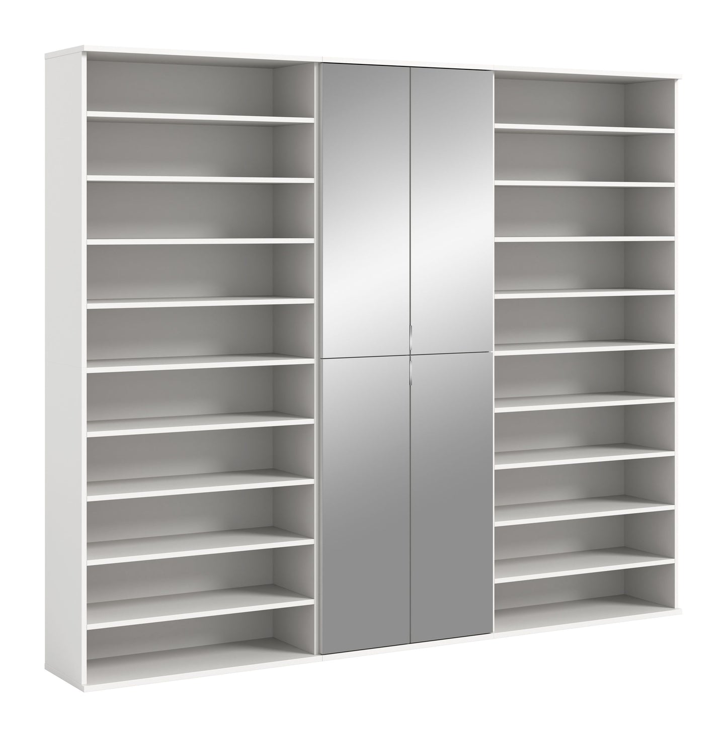 Weißer Garderoben-Schrank mit mittlerer Tür und seitlichen offenen Fächern.
