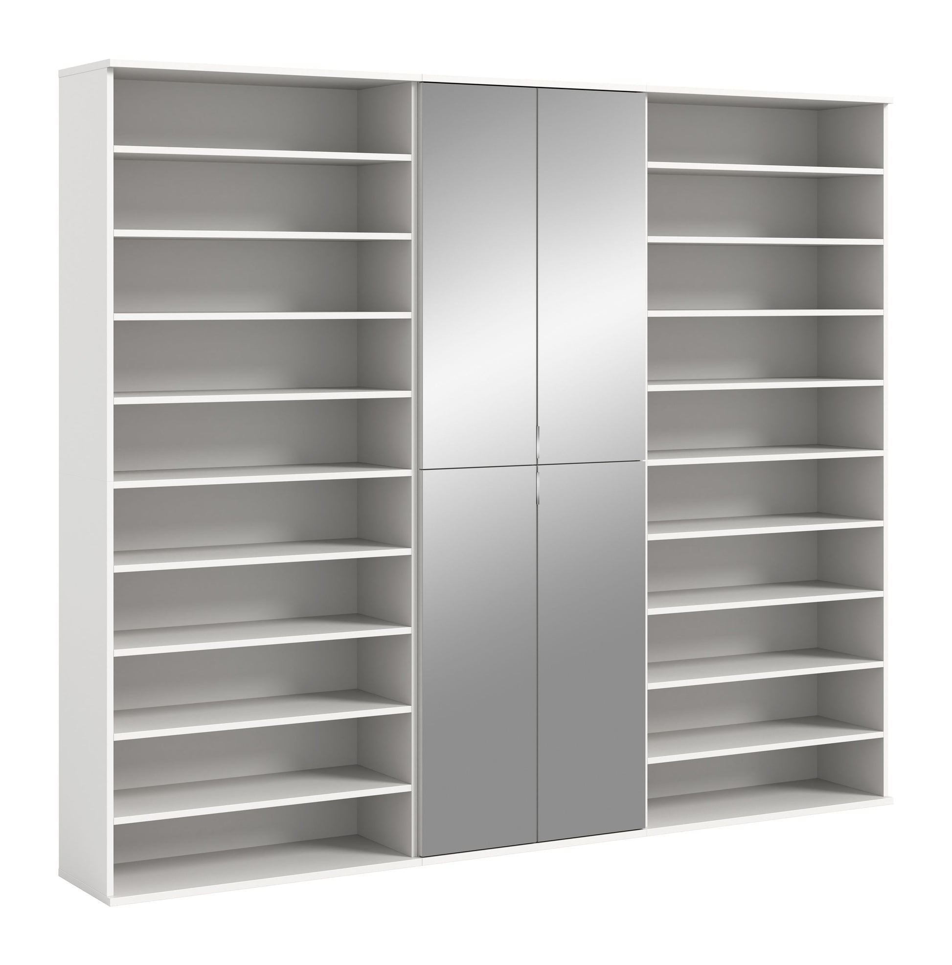 Weißer Garderoben-Schrank mit mittlerer Tür und seitlichen offenen Fächern.