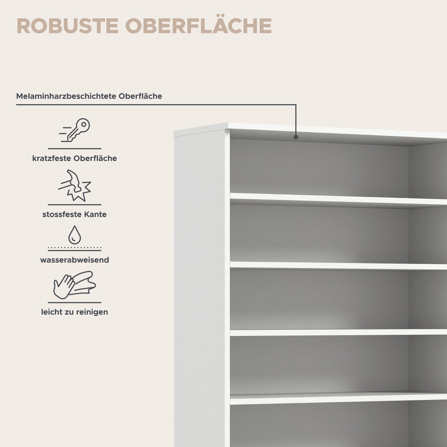 Garderoben-Schrank mit offenen Fächern und kratzfester Melaminoberfläche.