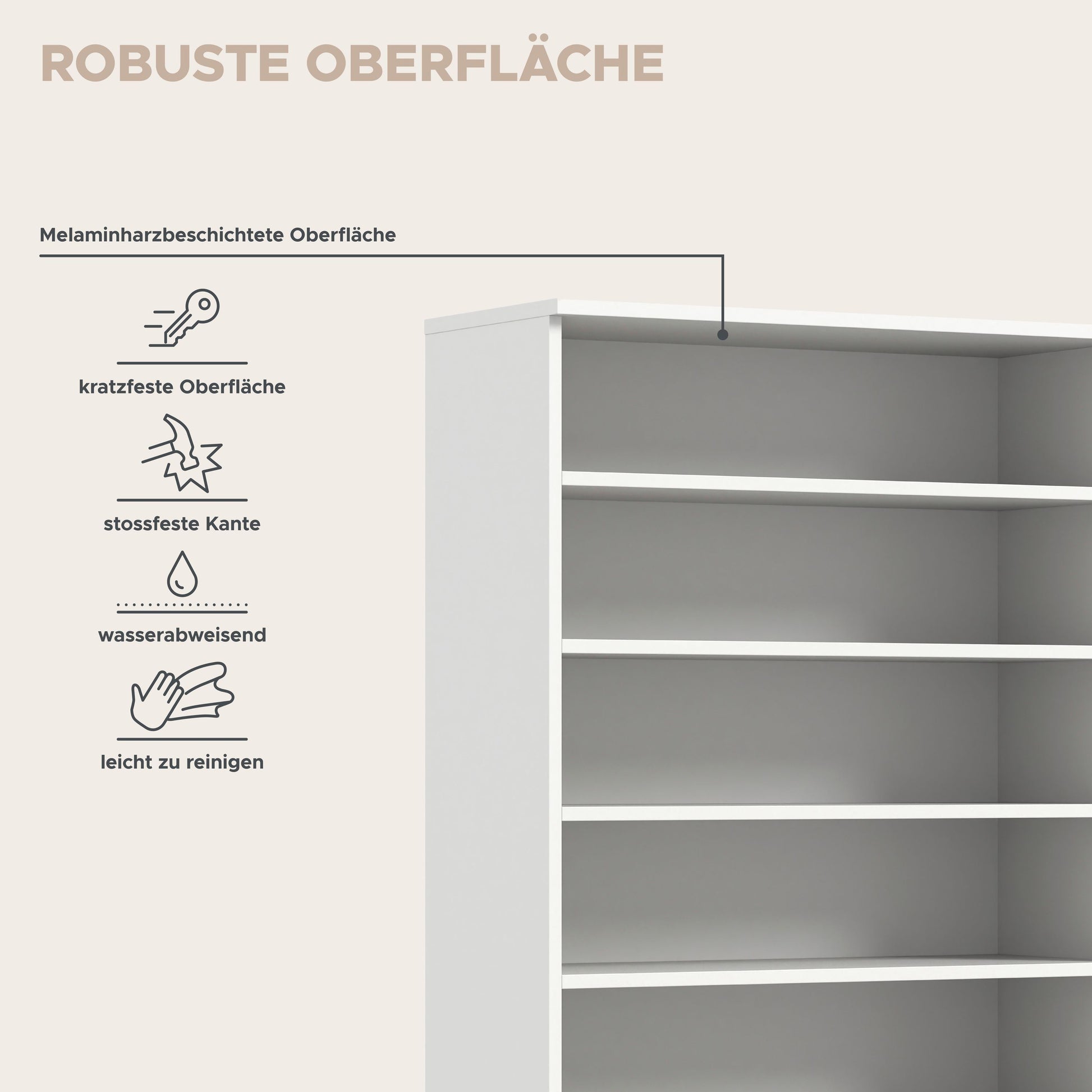 Garderoben-Schrank mit offenen Fächern und kratzfester Melaminoberfläche.
