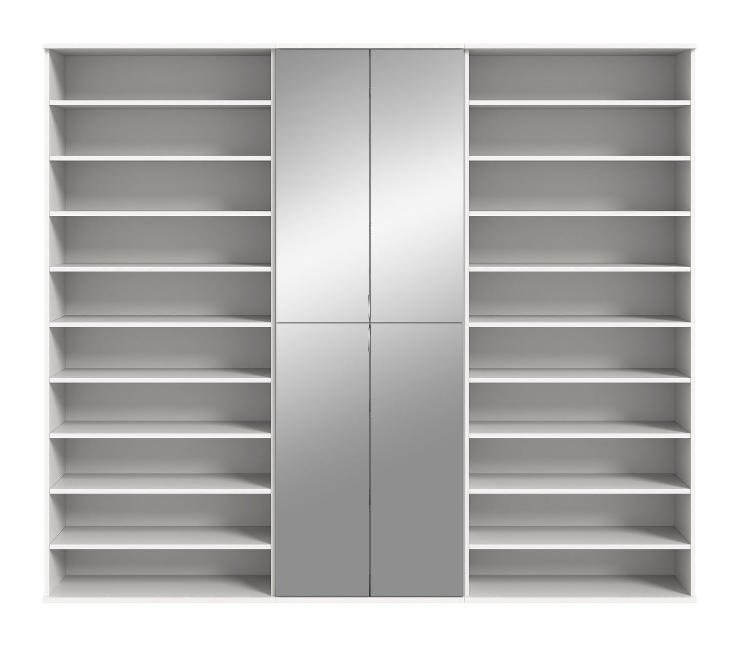 Weißer Garderoben-Schrank mit offenen Regalfächern und zwei zentralen Türen.